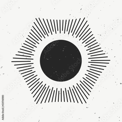 Vector hand drawn illustration of light rays, sunburst. Vintage style element, round frame, isolated on white background.