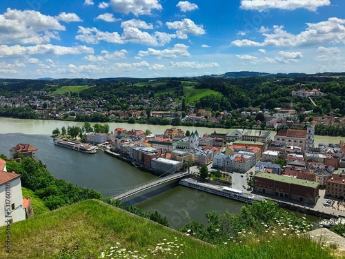 The historical city of Passau seen from Veste Oberhaus on a beautiful day in spring