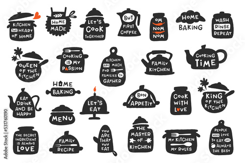 Vector cooking lettering set. Handwritten quotes collection with kitchenware silhouette. Design concept for cooking classes, courses, food studio, cafe, restaurant, bakery, street festival, logo