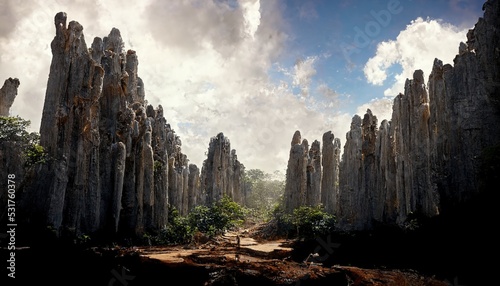 This is a 3D illustration of the enormous limestone formation also known as the forest of knives in Madagascar. photo