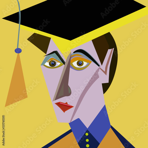 Young exhausted student wearing a graduation cap in the style of cubism. 