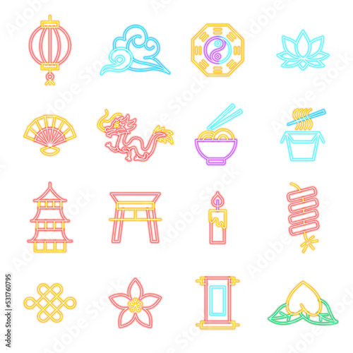 Chinese Neon Icons Isolated. Vector Illustration of Glowing Bright Led Lamp over White Symbols.