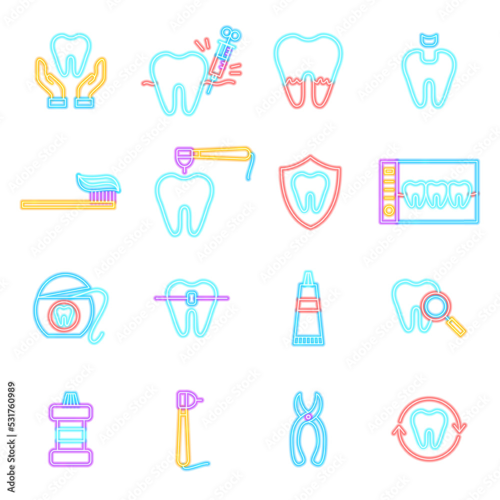 Dental Neon Icons Isolated. Vector Illustration of Glowing Bright Led ...