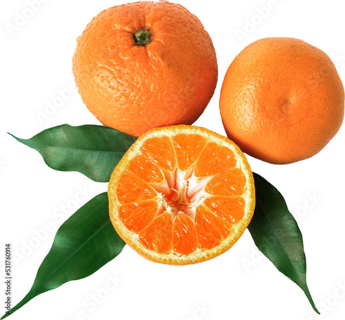 Whole and sliced tangerines with green leaves