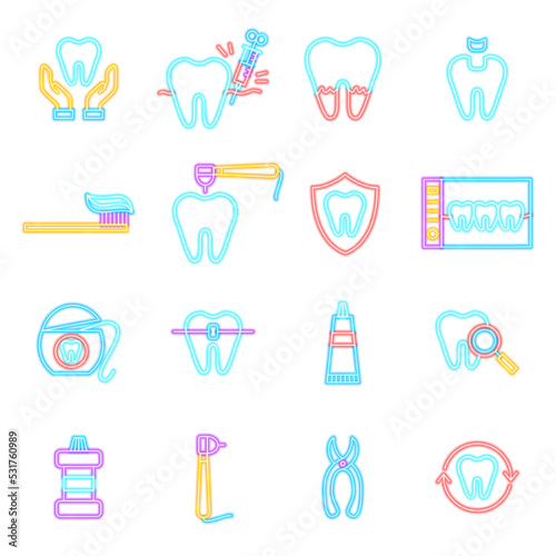 Dental Neon Icons Isolated. Vector Illustration of Glowing Bright Led Lamp over White Symbols.