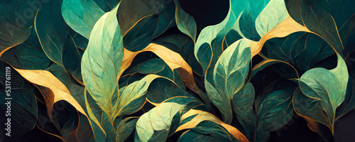Fotografie, Obraz Green and golden leafs background, thick vegetation, jungle design, watercolor d
