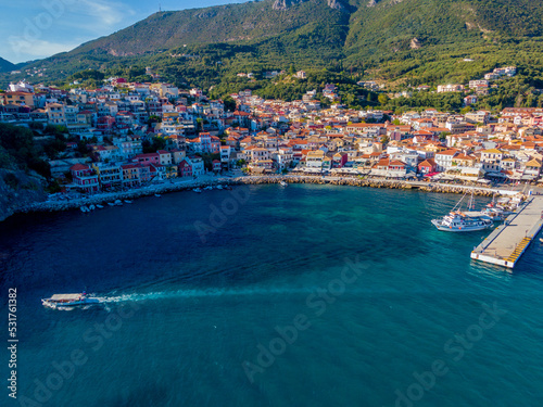 Aerial drone view of Beautiful colorful towns of Greece - Parga. Popular for summer vacations