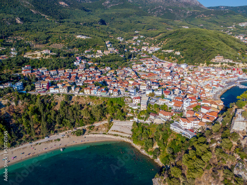 Aerial drone view of Beautiful colorful towns of Greece - Parga. Popular for summer vacations