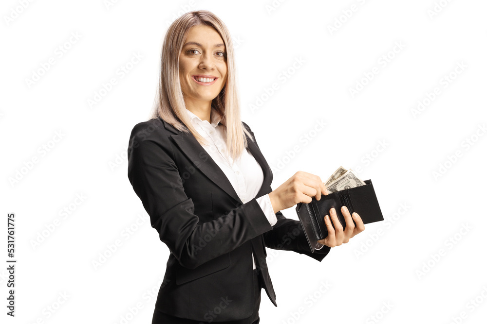 Young professional woman putting money in a wallet Young professional woman putting money in a wallet