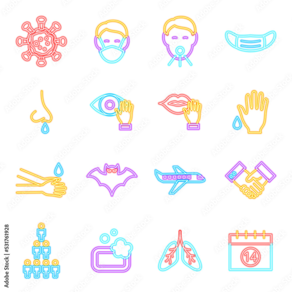 Coronavirus Prevention Neon Icons Isolated. Illustration of Glowing Bright Led Lamp over White Symbols. Coronavirus Prevention Neon Icons Isolated. Illustration of Glowing Bright Led Lamp over White Symbols.