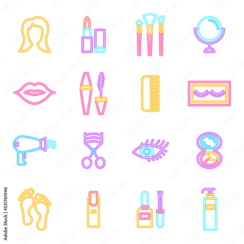 Cosmetics Neon Icons Isolated. Illustration of Glowing Bright Led Lamp over White Symbols. Cosmetics Neon Icons Isolated. Illustration of Glowing Bright Led Lamp over White Symbols.