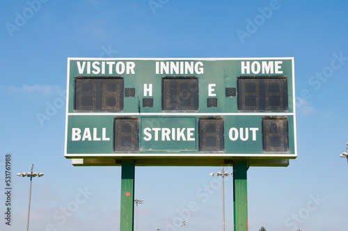 Baseball Little League score board green and white blue sky 