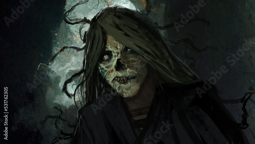 digital 3d illustration of a dark fantasy witch with crab arms in her hair, moody environment - fantasy painting