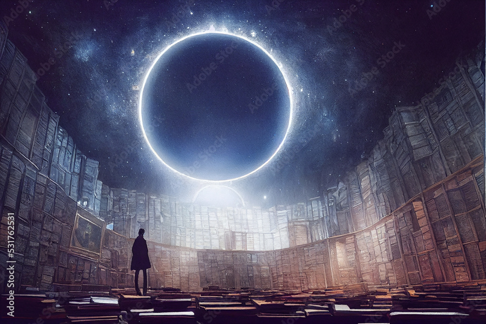 man standing in a mysterious library with moon eclipse , digital art