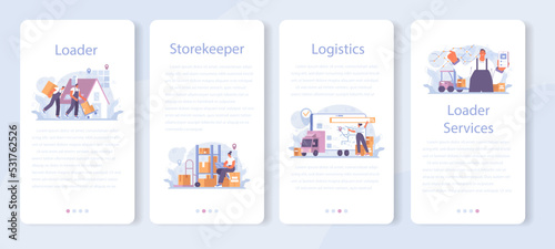 Loader service mobile application banner set. Storekeeper in uniform