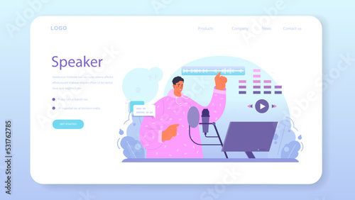 Speaker web banner or landing page. Voice actor dubbing a movie, audio