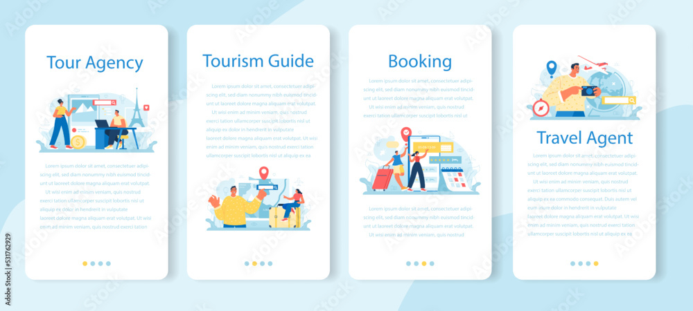 Travel agent mobile application banner set. Tourism specialist selling