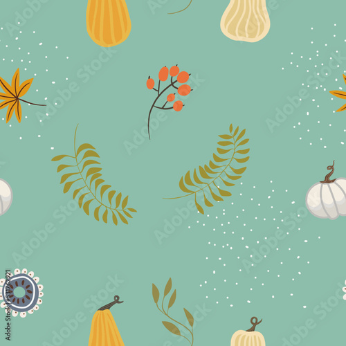 Seamless vector pattern with cute abstract plants, pumpkins, berries, spots and leaves, twigs, suitable for Thanksgiving, in a gentle palette.