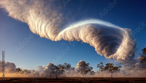 This is a 3D illustration of morning glory clouds in australia, a rare cloud formation. photo