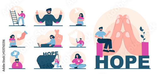 Hope concept set. New beginning and faith in the future, support