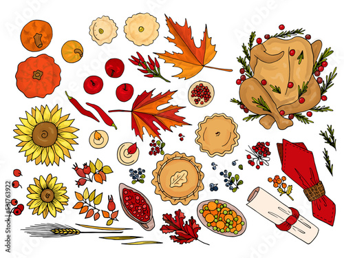 Traditional holiday day food. Traditional baked turkey, Apple pie, berries, jam, carrots with peas for holiday day. Tasty thanksgiving festive food on table.