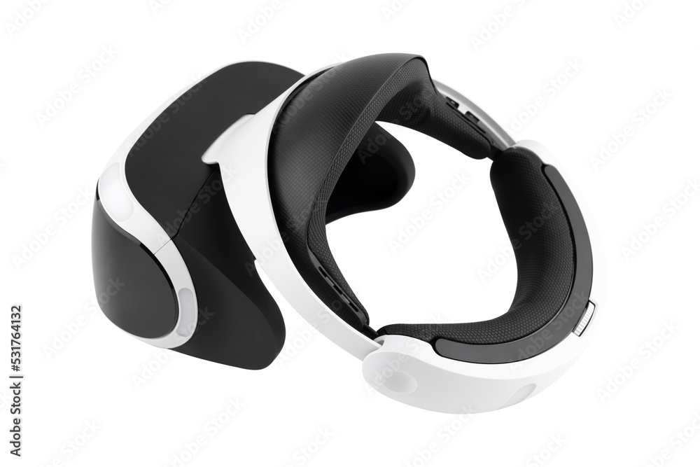 Virtual reality helmet on a white background. VR helmet close-up on a white background. Virtual reality helmet on a white background. VR helmet close-up on a white background.