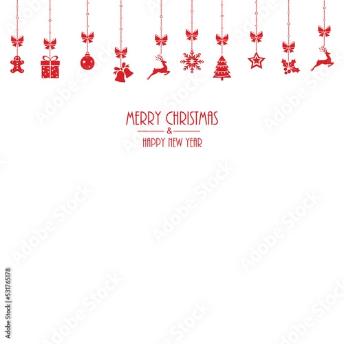 Happy New Year and Merry Christmas banner with hanging red Xmas ornaments. Vector