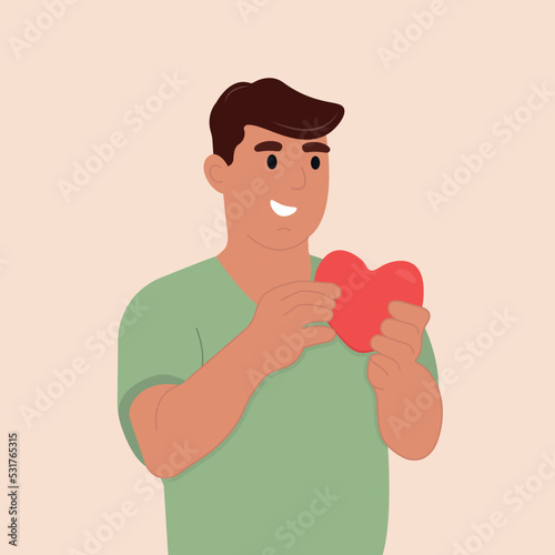 Male volunteer.A person with a sense of affection, gratitude, offers his support and love.Vector flat illustration isolated on white background.