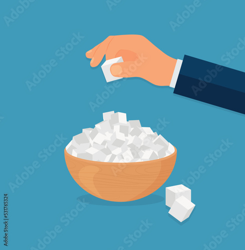 Refined sugar in a bowl. Hand takes cube of sugar. Baking and cooking ingredient. Vector food in a trendy flat design isolated on blue background.