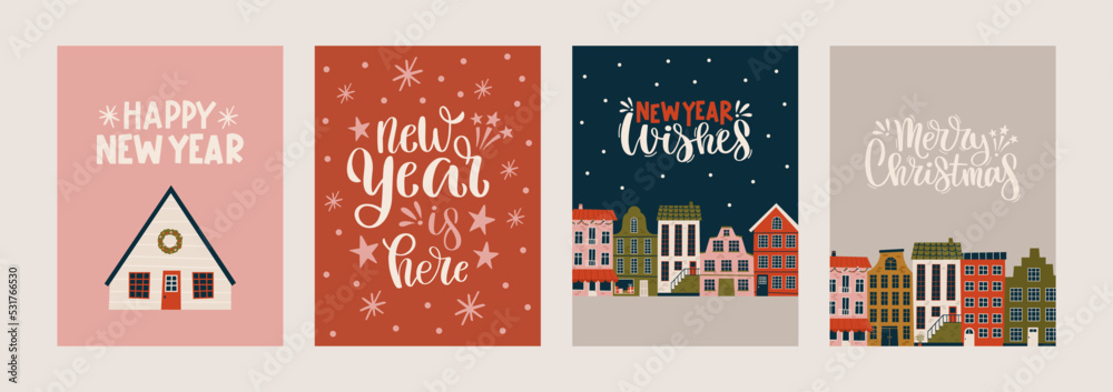Merry Christmas and Happy New Year Set of greeting cards, posters with various tiny houses. Xmas Design with lettering, tree, town, snowflakes in modern art style.Hand drawn trendy illustration