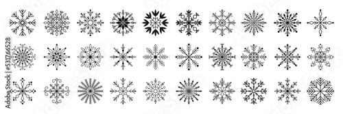 Hand drawn set of Christmas line art snowflake. New Year white ice crystal illustration. Abstract doodle drawing Winter symbol. Christmas logo sign