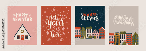 Merry Christmas and Happy New Year Set of greeting cards, posters with various tiny houses. Xmas Design with lettering, tree, town, snowflakes in modern art style.Hand drawn trendy illustration
