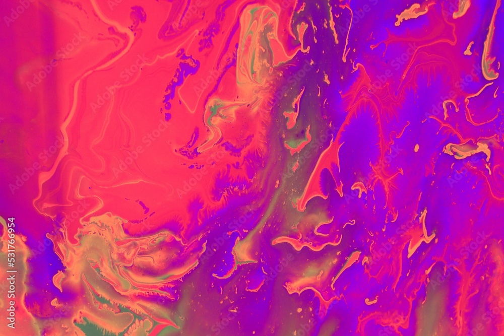 Abstract lilac-scarlet marble background. Acrylic paint flows freely and creates an interesting pattern. Background for the cover of a laptop, notebook.