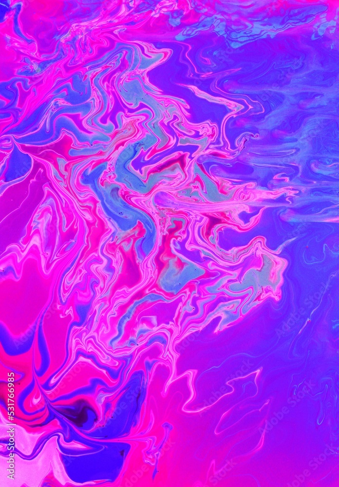 Abstract lilac marble background. Acrylic paint flows freely and creates an interesting pattern. Background for the cover of a laptop, notebook.