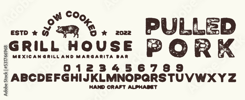 Hand drawn vintage retro font. Letters and numbers. Vector Illustration.