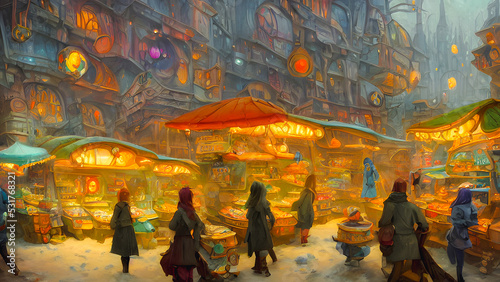 Artistic concept painting of a scary marketplace, background 3d illustration.