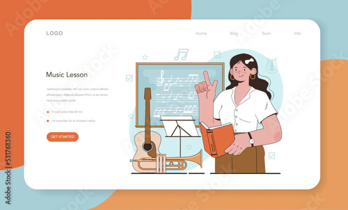 Music school or course web banner or landing page. Students learn
