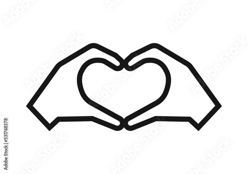 Two hands making heart shape with fingers. Vector thin line icon illustration spreading love. Concept of love, valentine, friendship, volunteering and other positive subjects