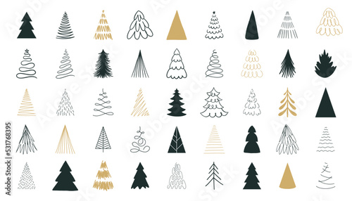 Hand drawn set of Christmas line art trees. New Year illustration. Abstract doodle drawing woods. Merry Christmas vector