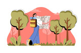 Camping in forest concept. Woman with backpack and map goes on hike situation. Outdoor activities, hiking people scene. Illustration with flat character design for website and mobile site