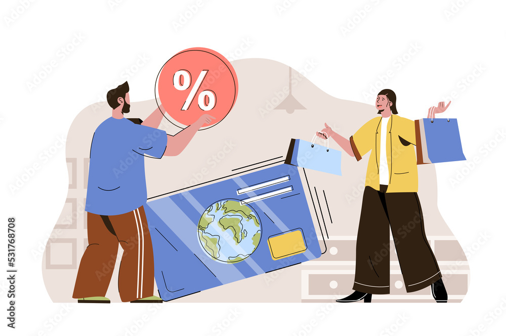 Cashless payments concept. Woman pays for purchases with credit card at online banking situation. Shopping people scene. Illustration with flat character design for website and mobile site