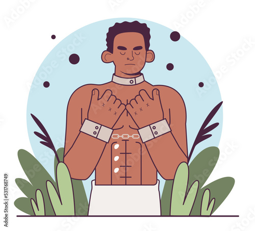Slavery. Black African American with a handcuffs on the hands.