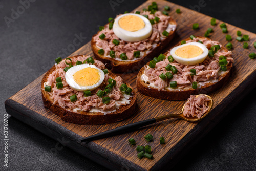 Delicious healthy sandwich with tuna, croutons, boiled egg, herbs and butter