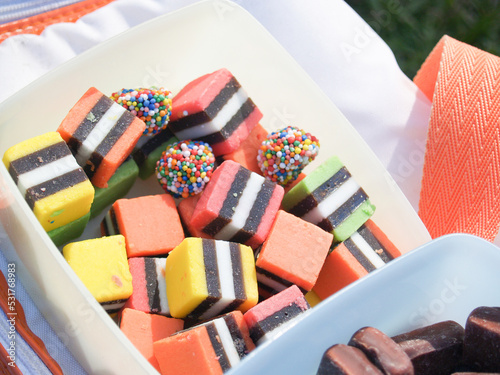 Colourful bag of mixed liquorice all-sorts photo