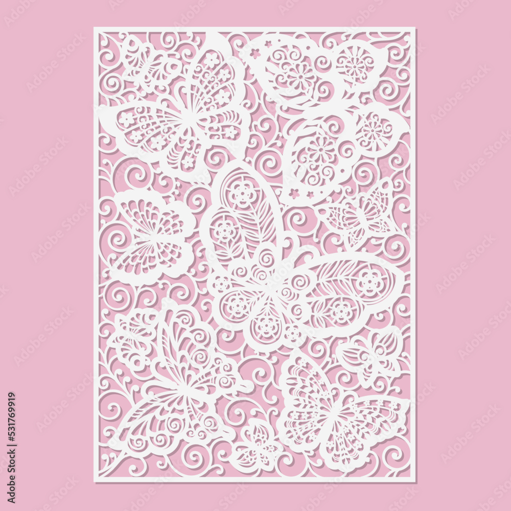 Template for laser cutting of paper, cardboard, wood, metal. Lace panel with butterflies. For the design of postcards, decorative interior elements, stencils, scrapbooking and so on. Vector