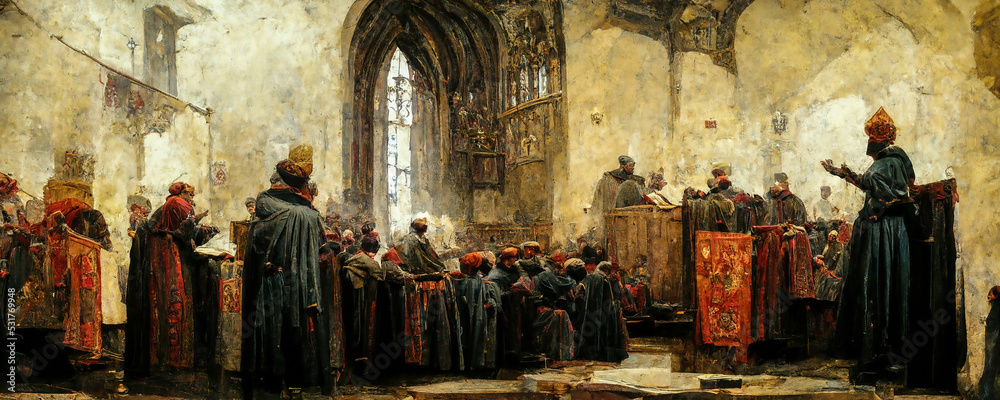 Preaching in church, a medieval painting featuring a priest in front of ...