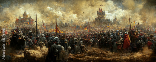 Fotografie, Obraz Large armies, crowds of soldiers fighting in a mass battle painting