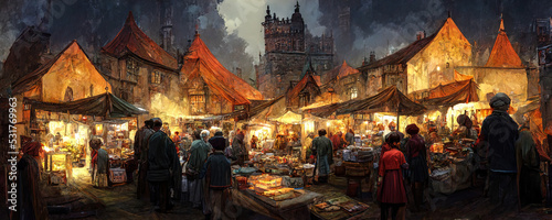 Fotografija Painting of a medieval feudal township at night, crowds gathered in the town's c