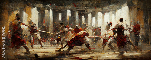 Fotografiet Gladiators fight in a coliseum, featured in a historic painting