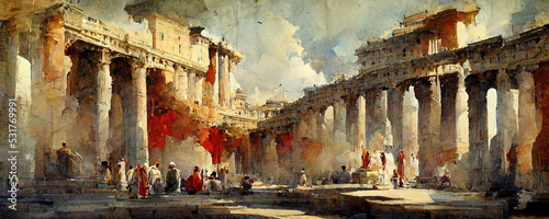 Print op canvas Painting of Ancient Rome, pillars, Roman architecture